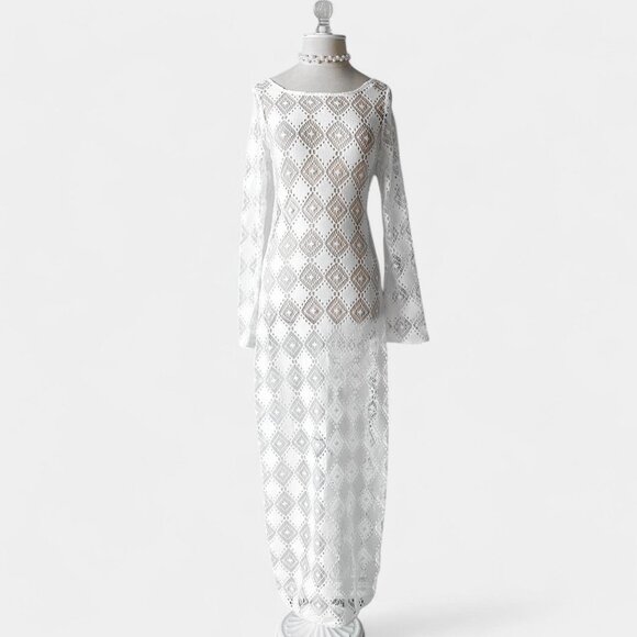H&M White Crochet Sheer Long Sleeve Side Slit Maxi Bodycon Beach Dress Size XS/S - Picture 5 of 8